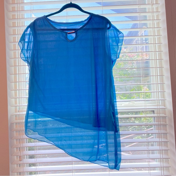 Girly Soft Blouse Keyhole Neck Blue Asymmetric Top Cap Sleeve XL - Picture 2 of 6